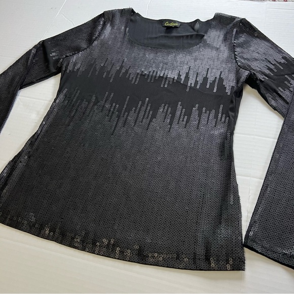 Vintage Y2K CARTISE Sequin Mesh Top Black Semi Sheer Medium Grunge Long Sleeve - Picture 2 of 7